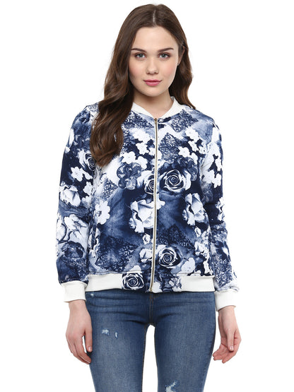 Women's  Blue Floral Print Bomber Jacket
