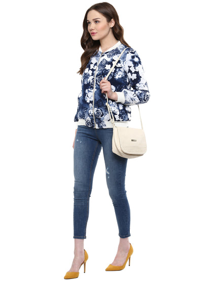 Women's  Blue Floral Print Bomber Jacket