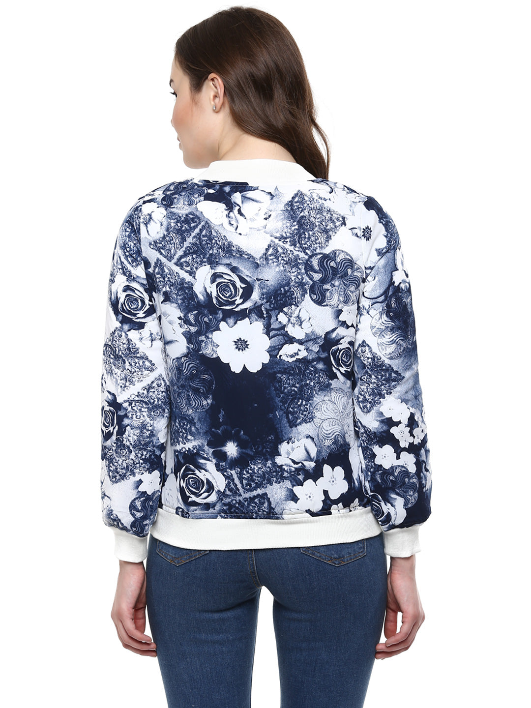 Women's  Blue Floral Print Bomber Jacket