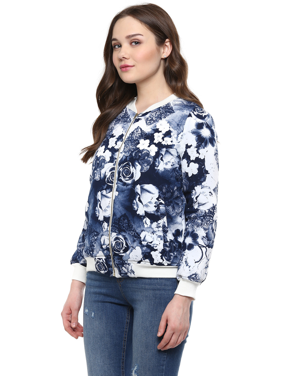 Women's  Blue Floral Print Bomber Jacket