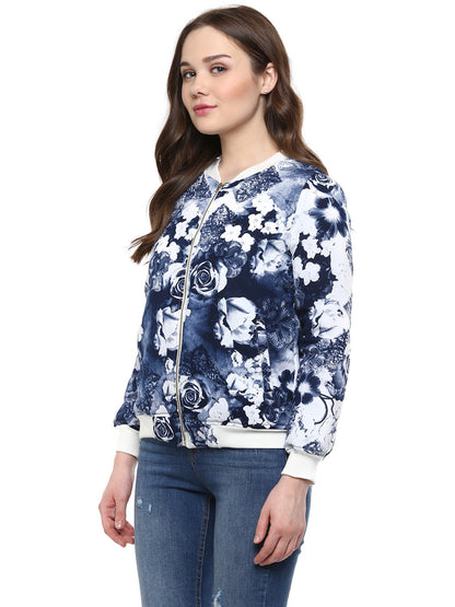 Women's  Blue Floral Print Bomber Jacket