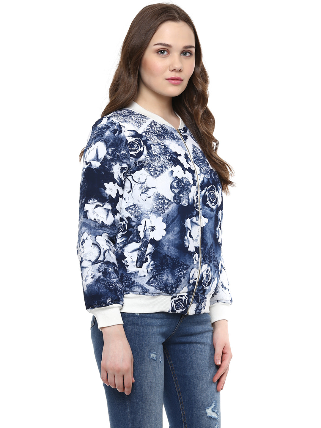 Women's  Blue Floral Print Bomber Jacket