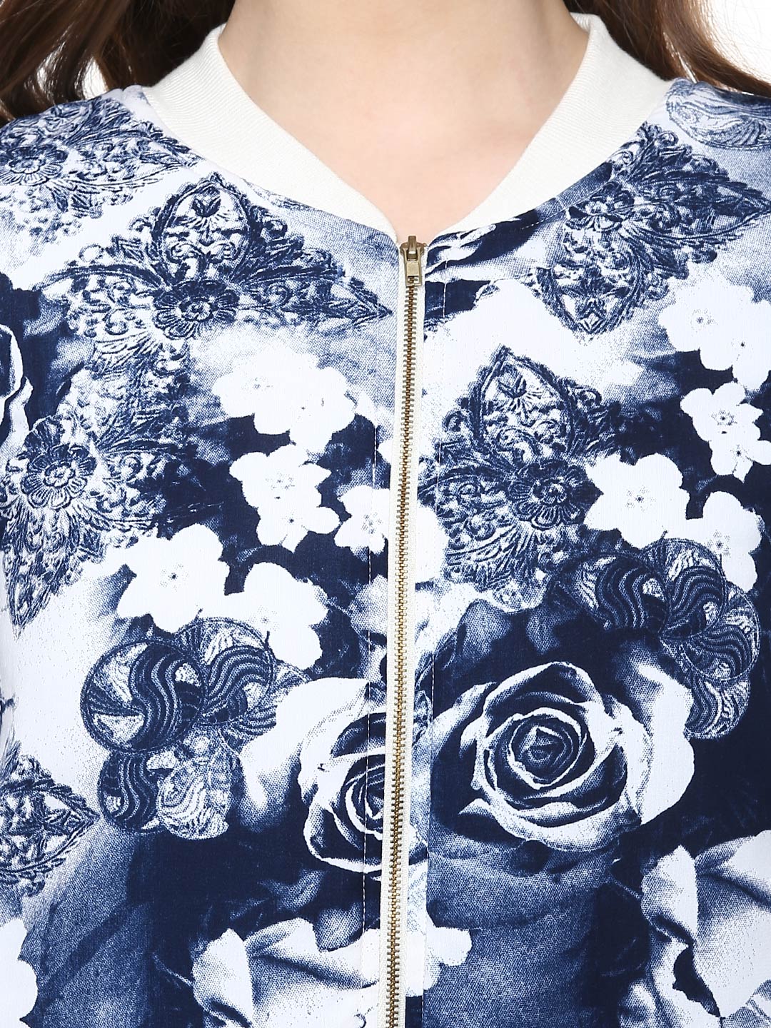 Women's  Blue Floral Print Bomber Jacket