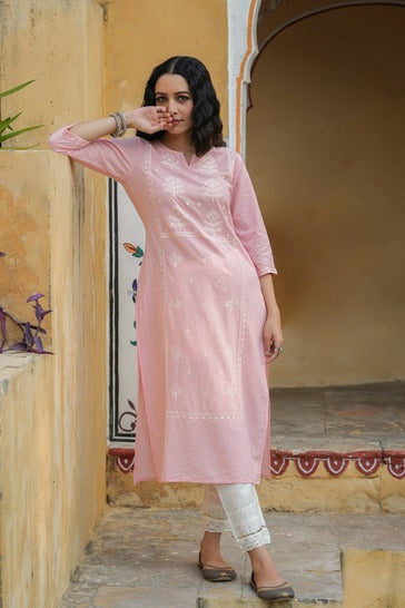 Women's  Pink Cambric Embroidered Straight Kurta
