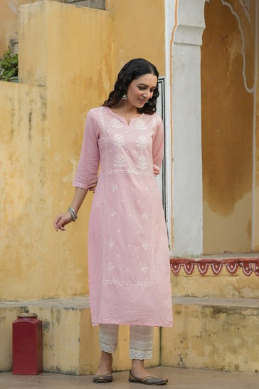 Women's  Pink Cambric Embroidered Straight Kurta