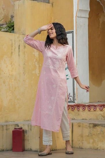 Women's  Pink Cambric Embroidered Straight Kurta