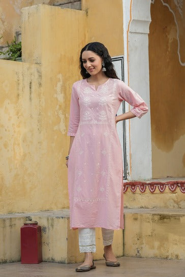 Women's  Pink Cambric Embroidered Straight Kurta