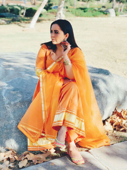 Women's Golden Orange Gotapatti Anarkali Set