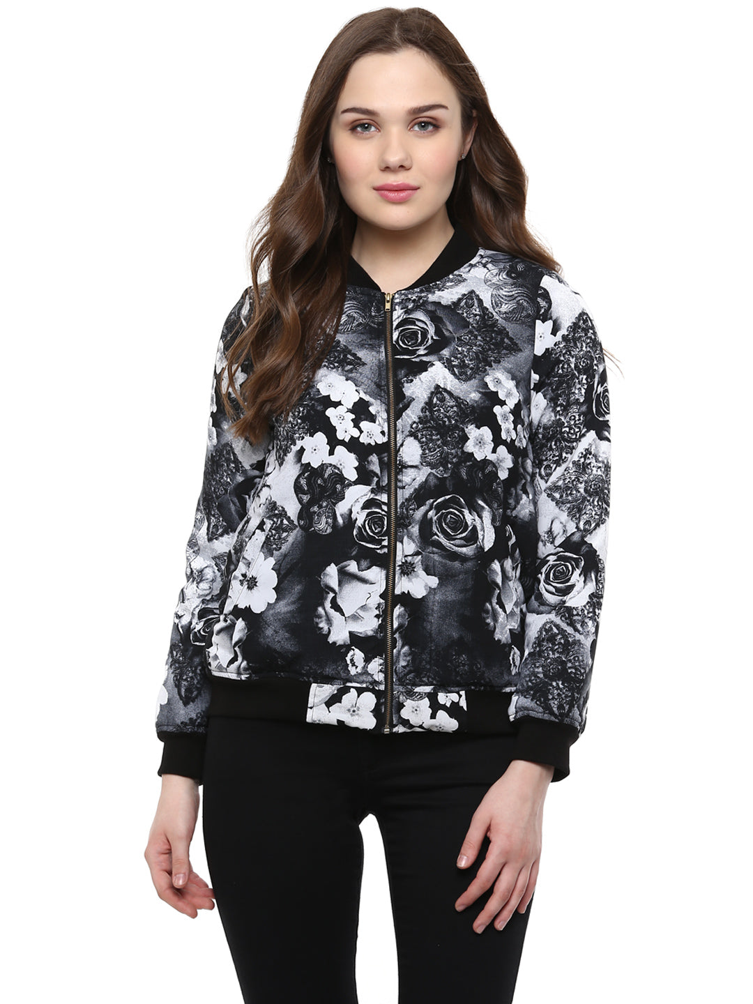 Women's  Black Floral Print Bomber Jacket