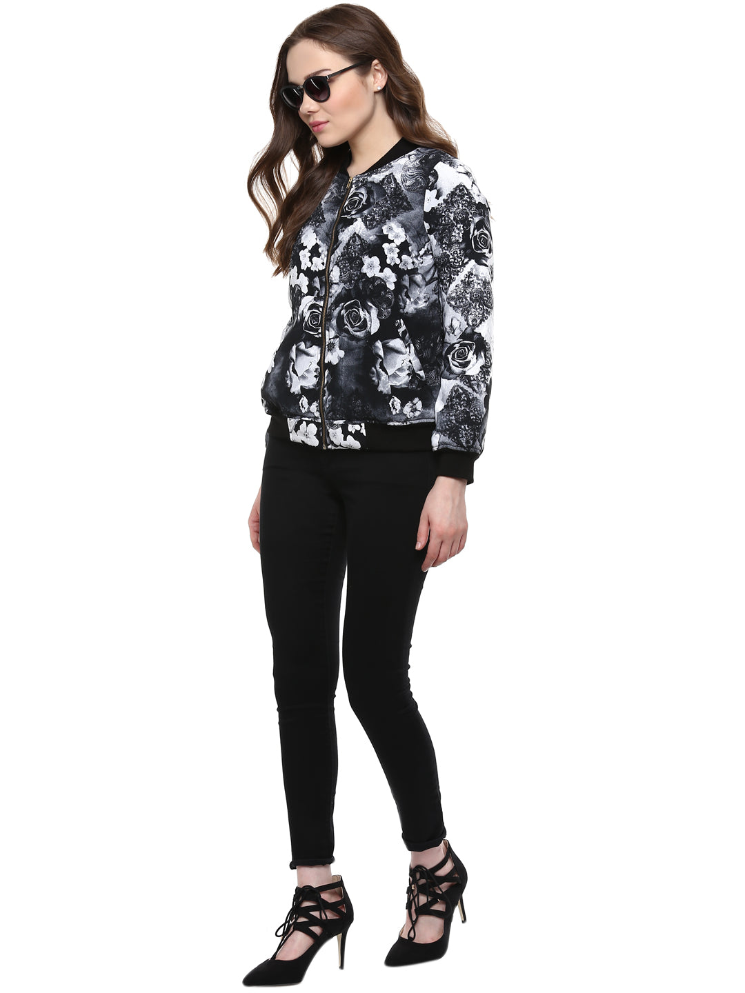 Women's  Black Floral Print Bomber Jacket