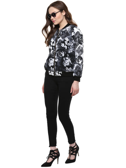 Women's  Black Floral Print Bomber Jacket
