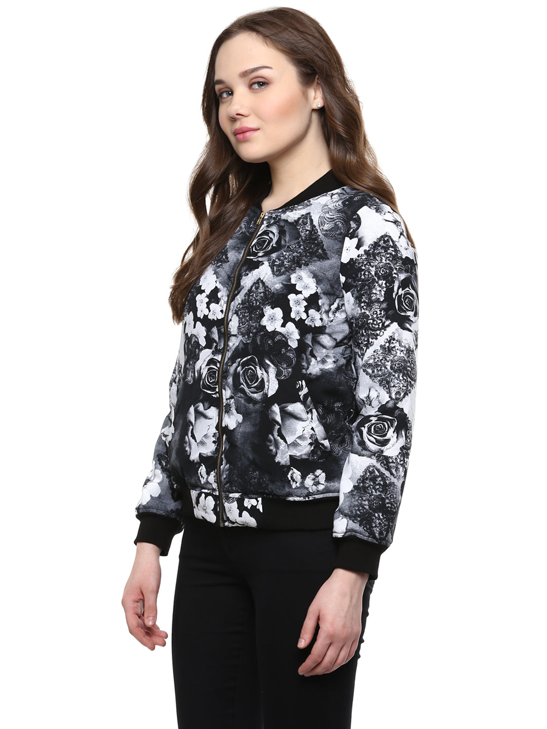 Women's  Black Floral Print Bomber Jacket