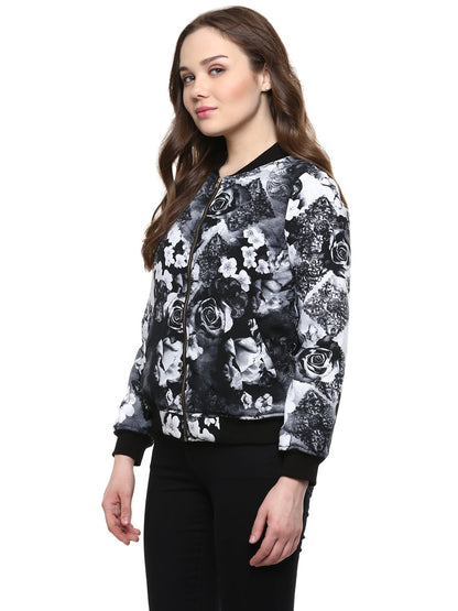Women's  Black Floral Print Bomber Jacket