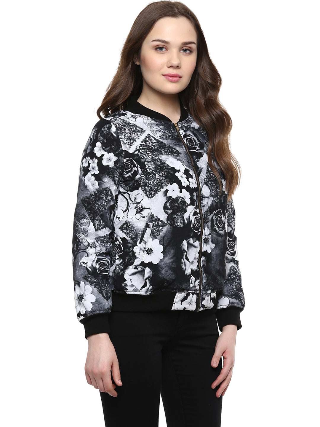 Women's  Black Floral Print Bomber Jacket