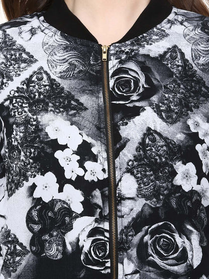 Women's  Black Floral Print Bomber Jacket
