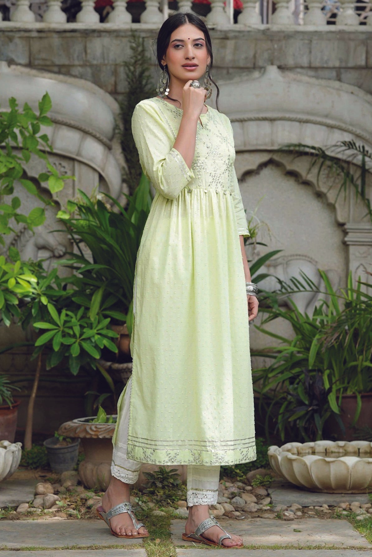 Women's  Pistagreen Cotton Dobby Mirror Work Kurta