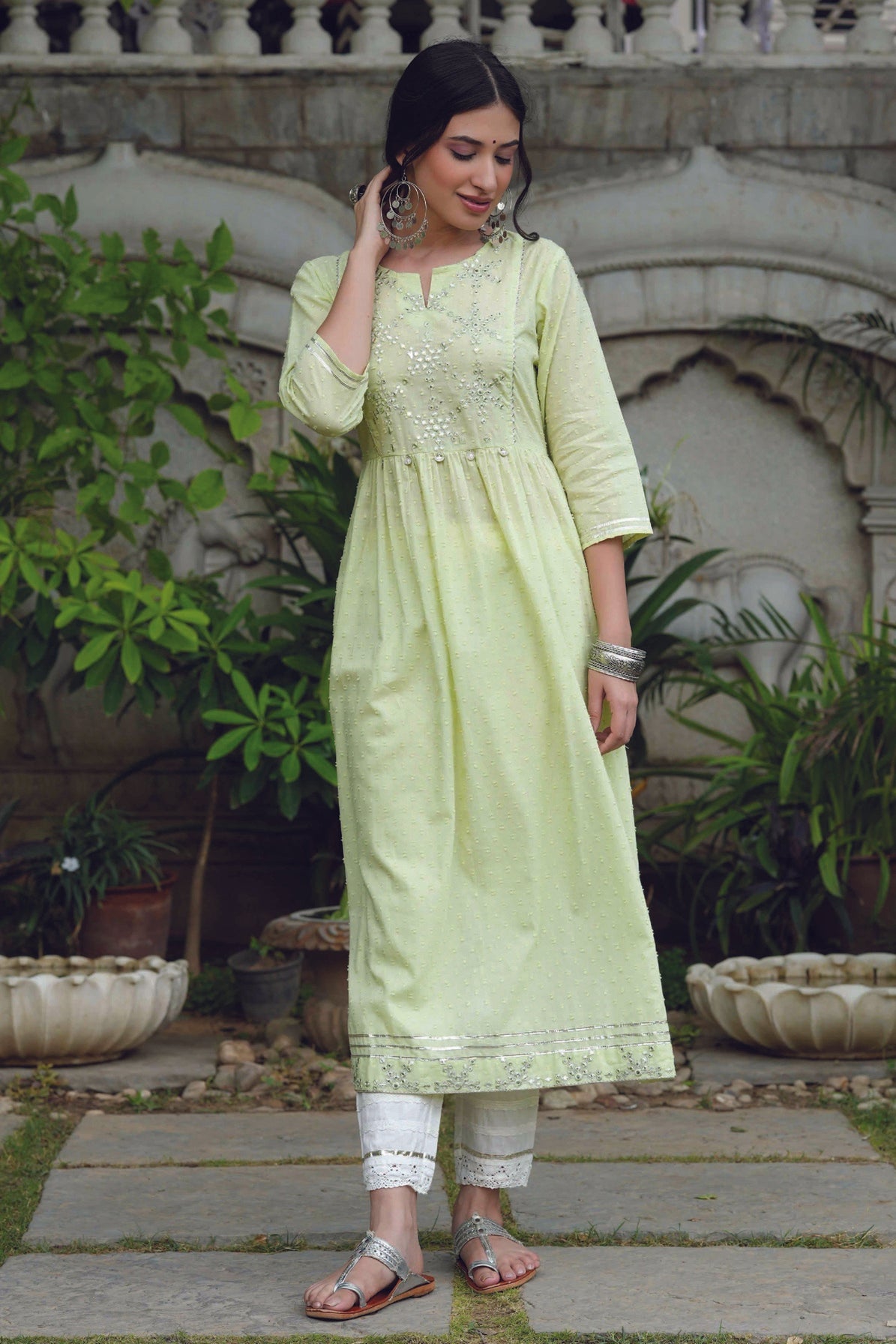 Women's  Pistagreen Cotton Dobby Mirror Work Kurta