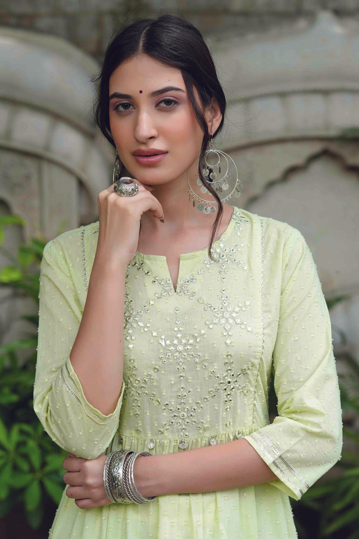 Women's  Pistagreen Cotton Dobby Mirror Work Kurta