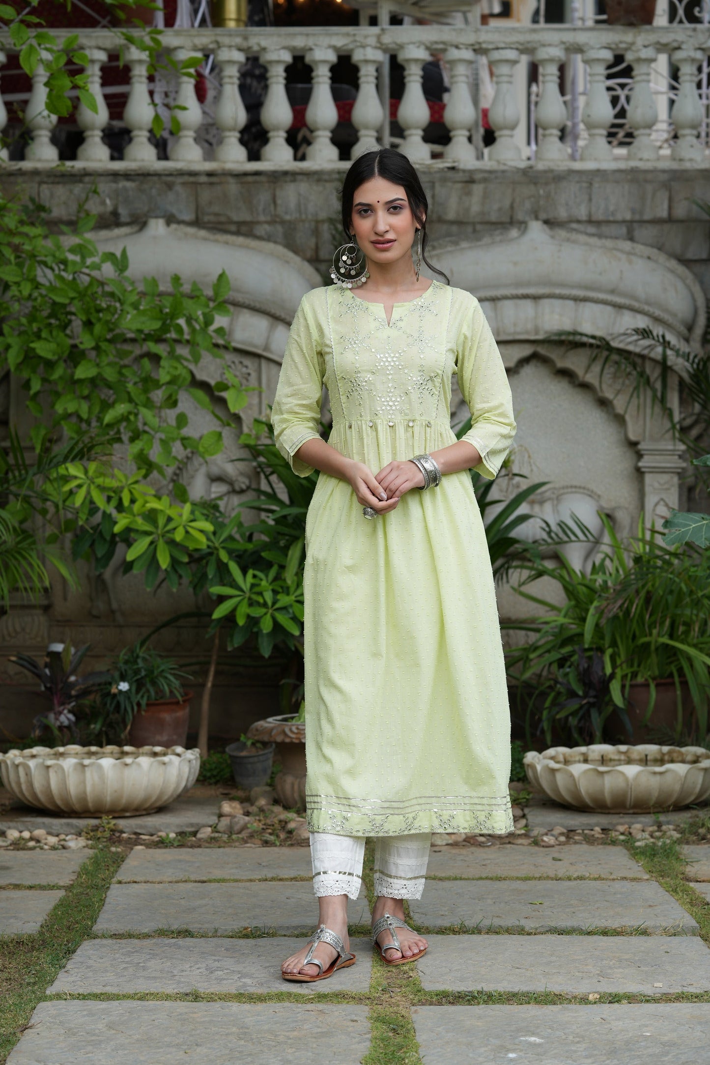 Women's  Pistagreen Cotton Dobby Mirror Work Kurta