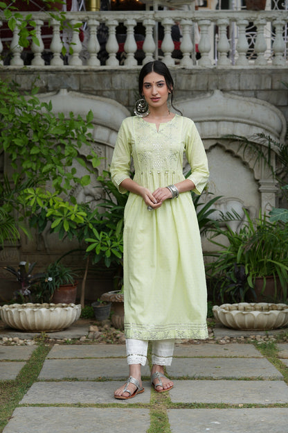 Women's  Pistagreen Cotton Dobby Mirror Work Kurta