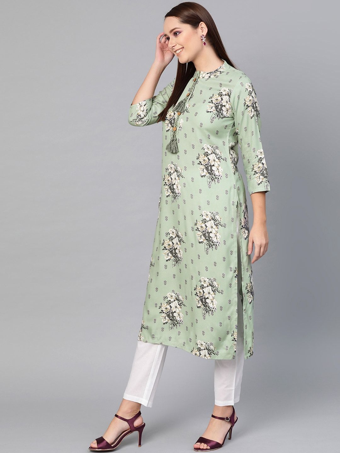 Women's  Green & Grey Floral Print Straight Kurta