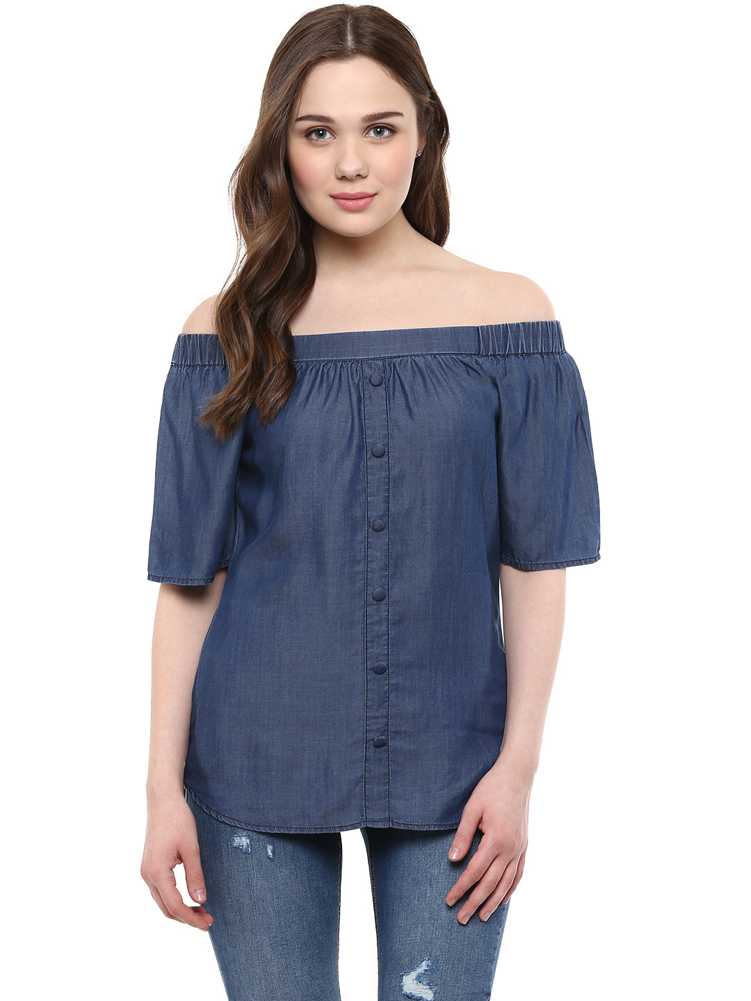 Women's  Blue Tencel Denim Off Shoulder
