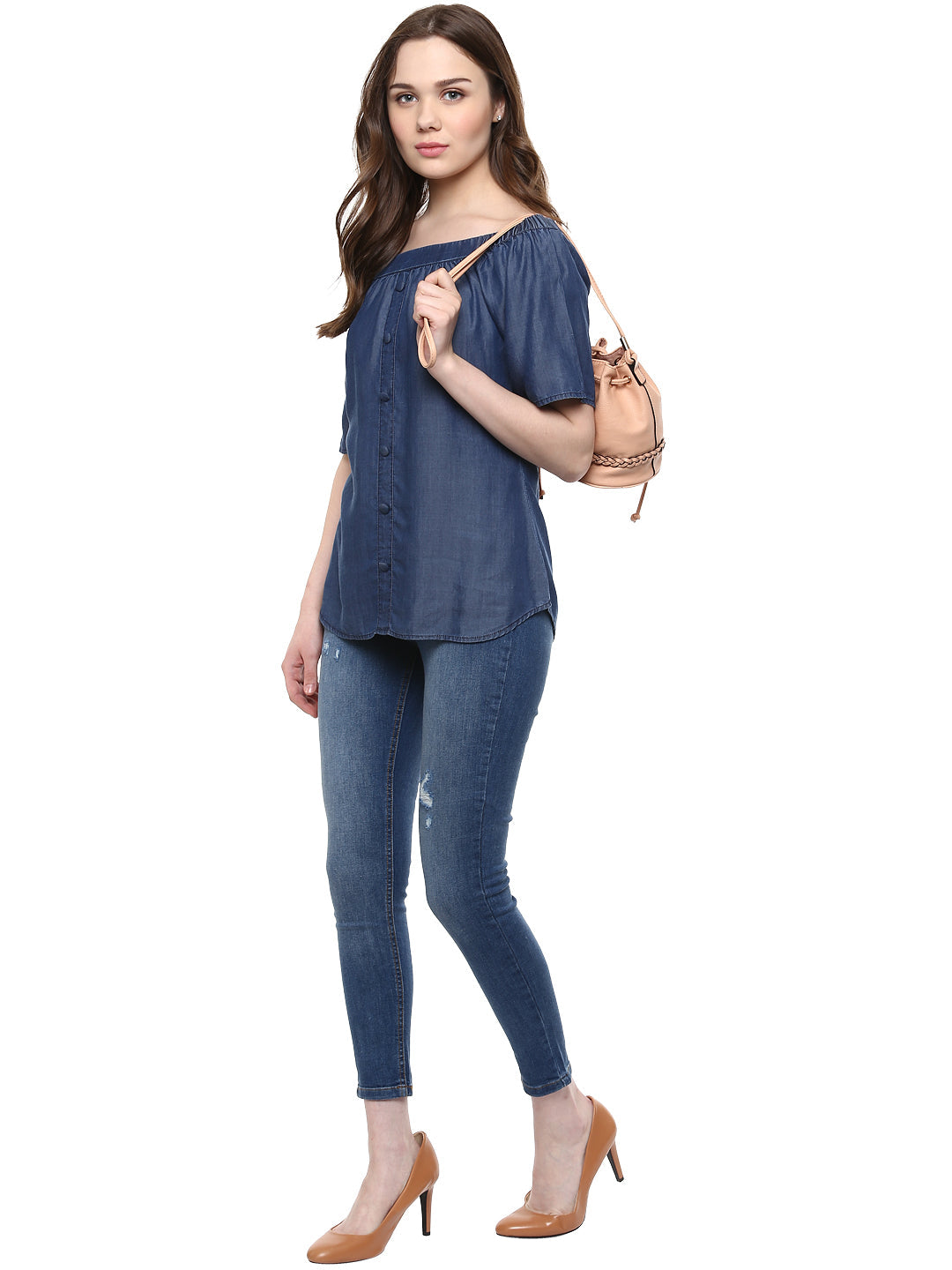 Women's  Blue Tencel Denim Off Shoulder