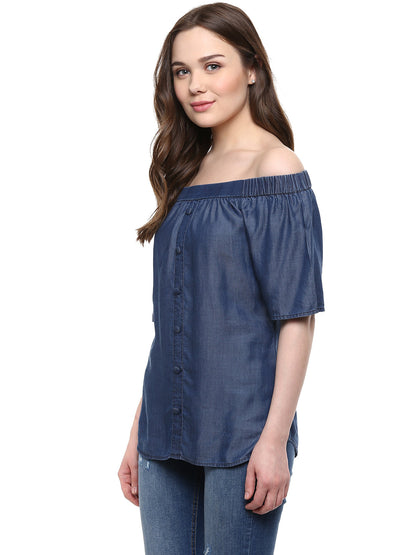 Women's  Blue Tencel Denim Off Shoulder