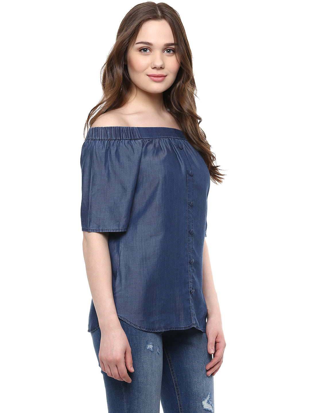 Women's  Blue Tencel Denim Off Shoulder