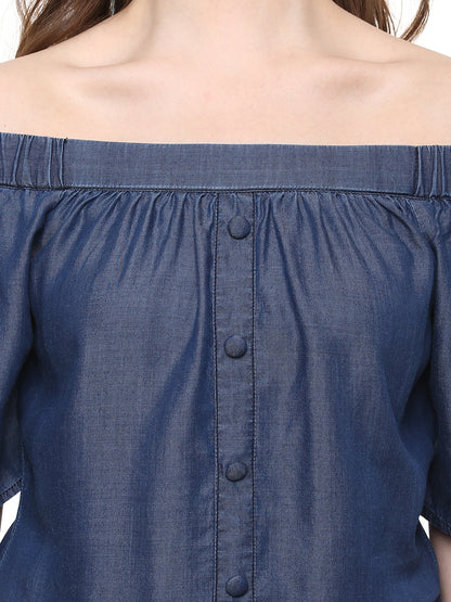 Women's  Blue Tencel Denim Off Shoulder