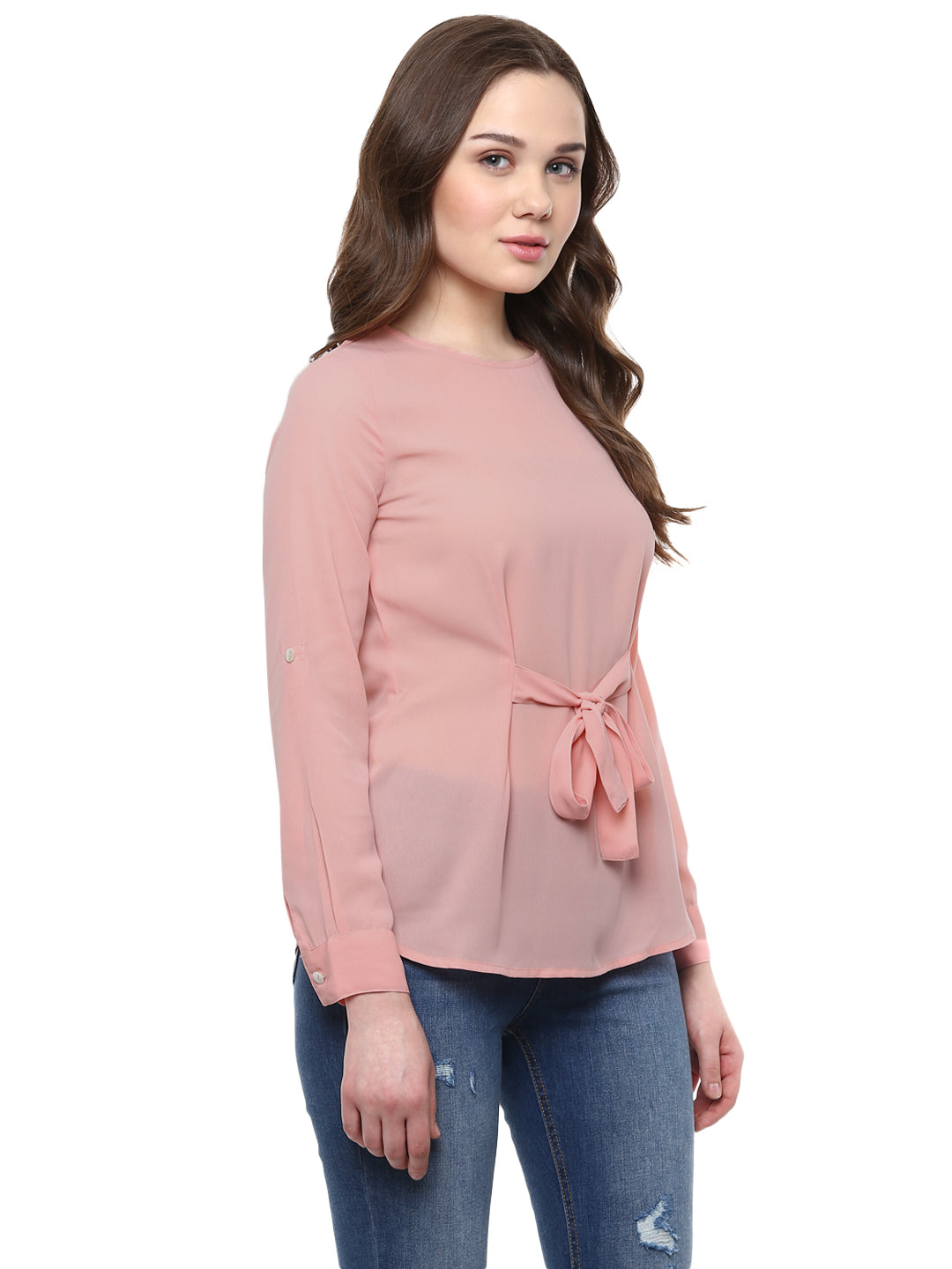 Women's  Pink Georgette Front Knot Top