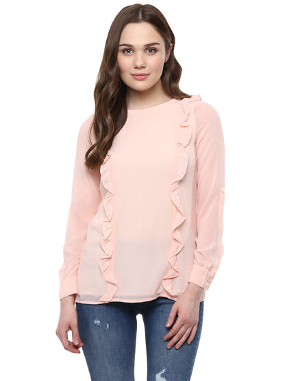 Women's  Pink Side Ruffle Georgette Top