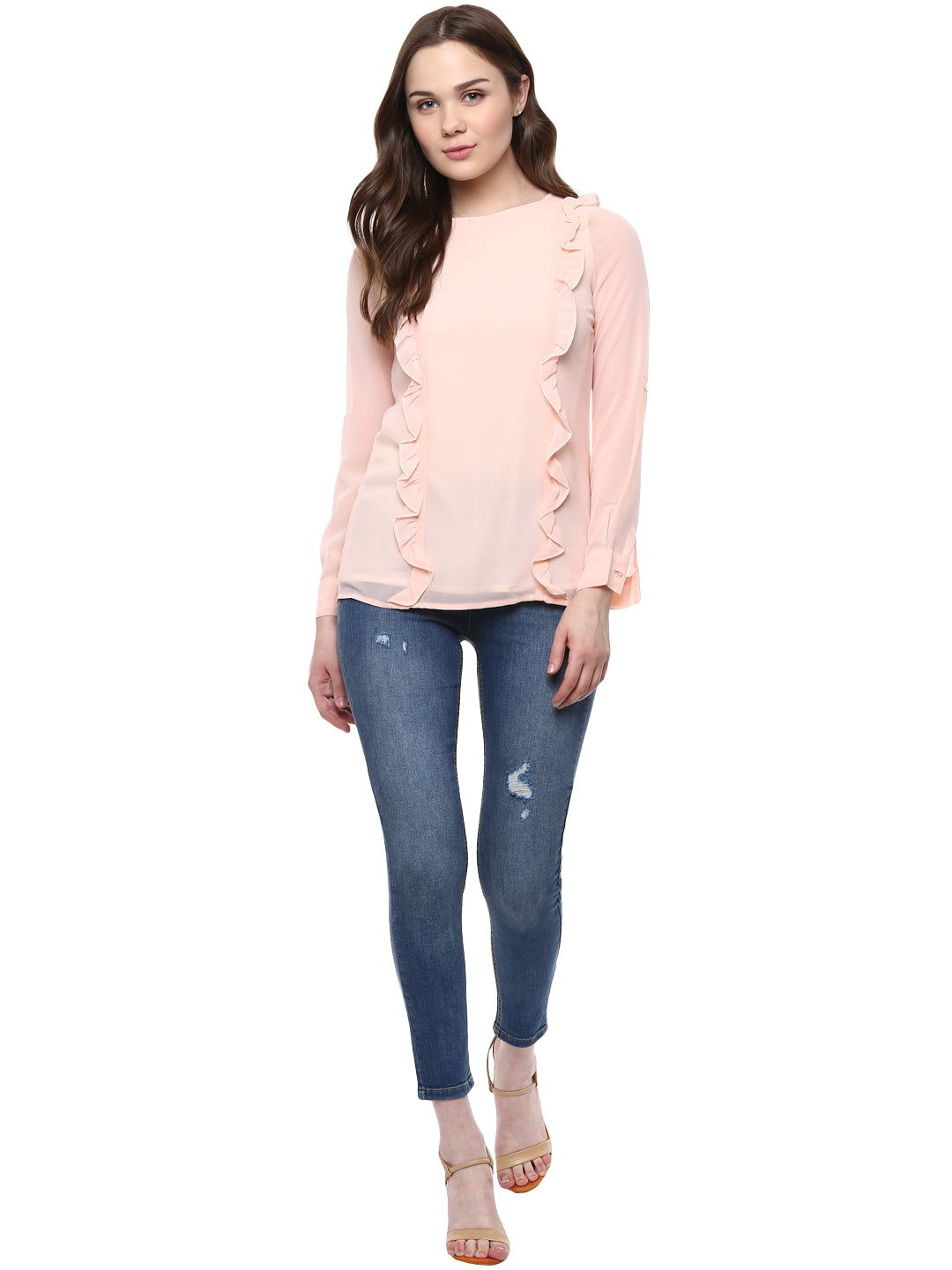 Women's  Pink Side Ruffle Georgette Top