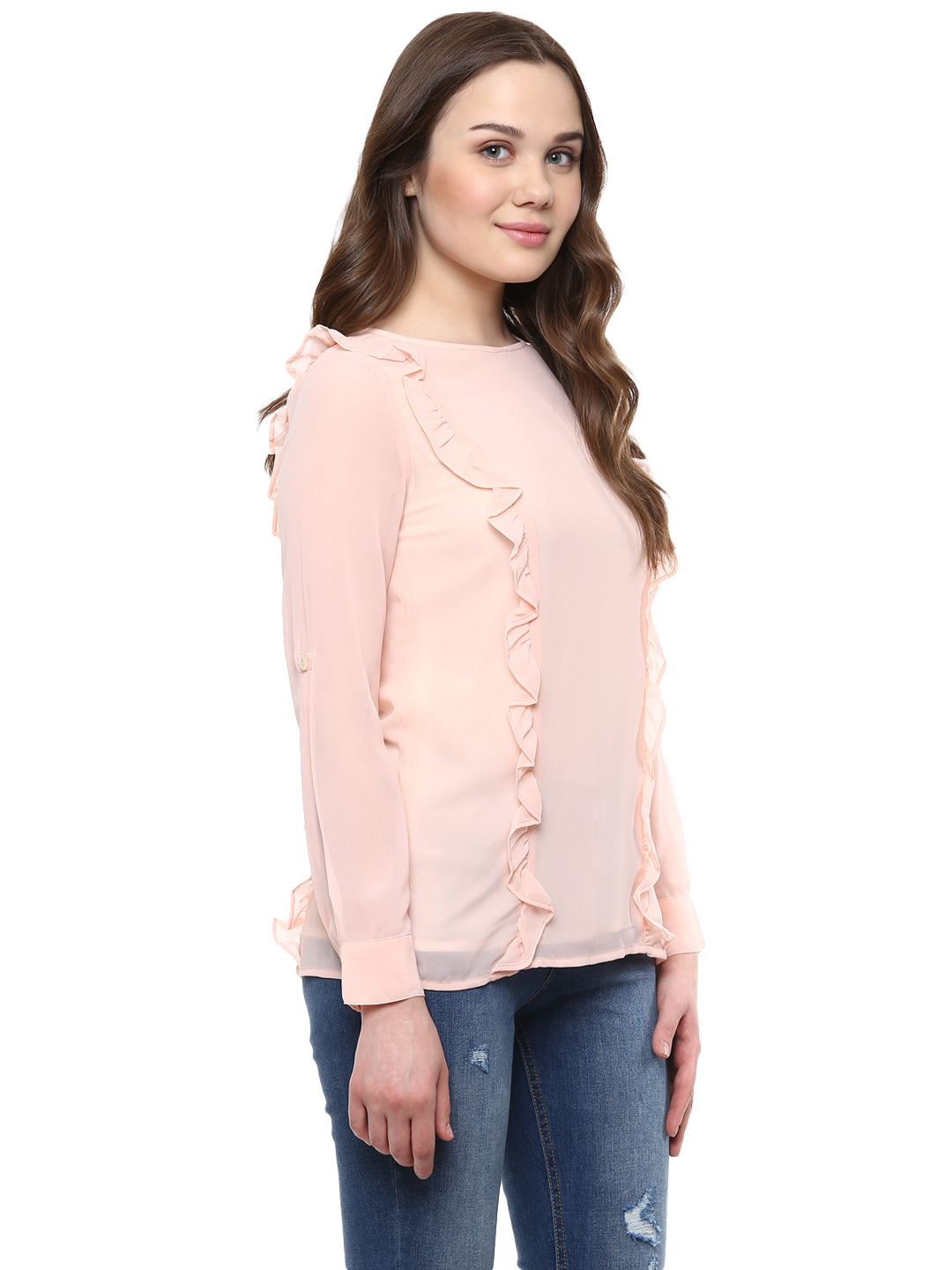 Women's  Pink Side Ruffle Georgette Top