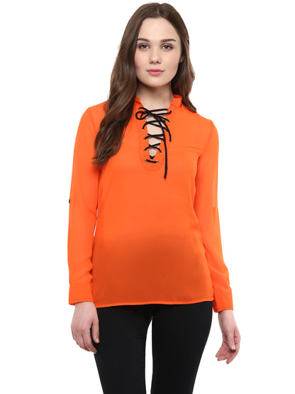 Women's  Orange Georgette Top with Black Lace Up
