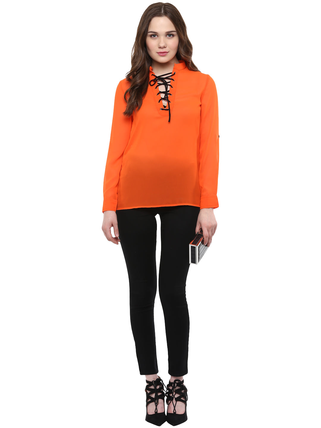 Women's  Orange Georgette Top with Black Lace Up