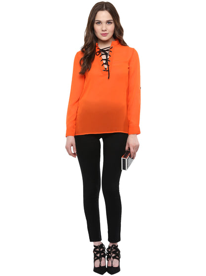 Women's  Orange Georgette Top with Black Lace Up
