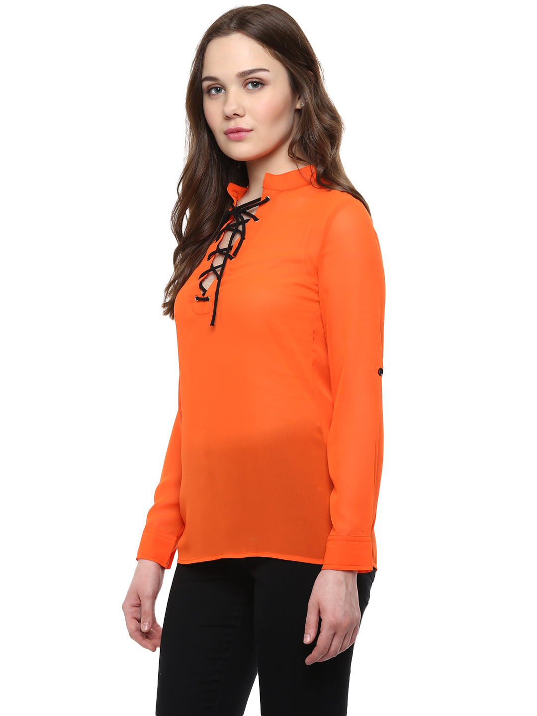 Women's  Orange Georgette Top with Black Lace Up