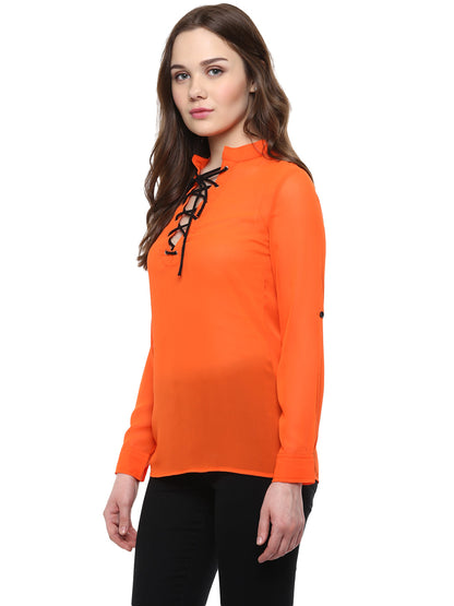 Women's  Orange Georgette Top with Black Lace Up