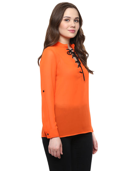 Women's  Orange Georgette Top with Black Lace Up