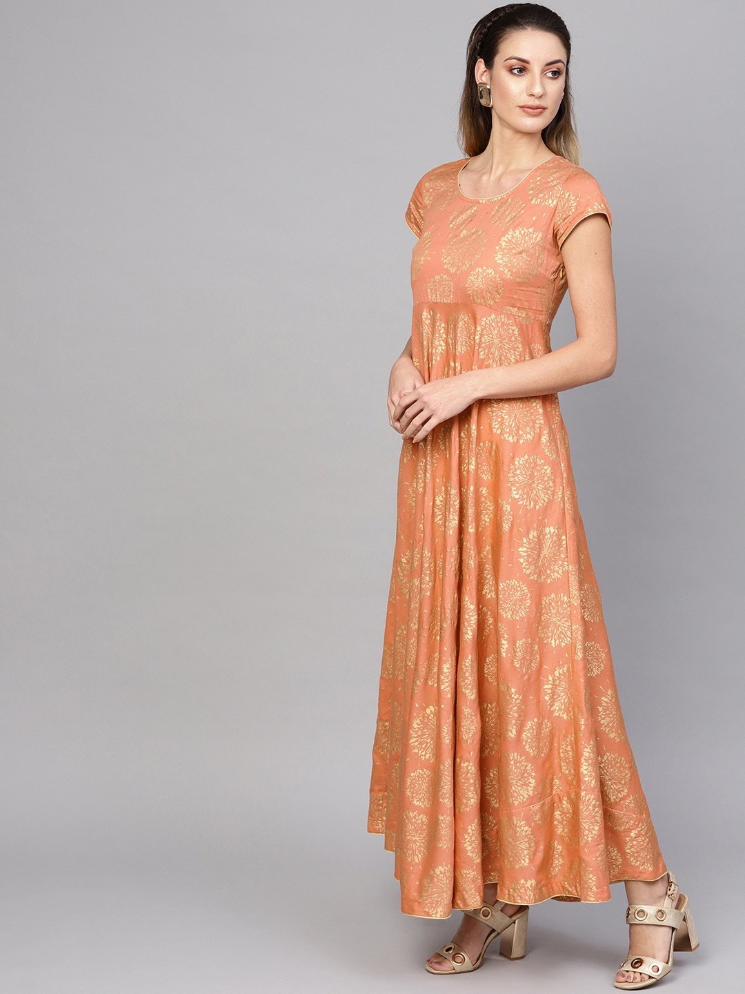 Women's  Peach-Coloured & Golden Printed Maxi Dress
