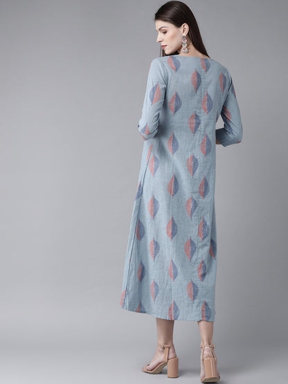 Women's  Blue & Orange Printed A-Line Dress