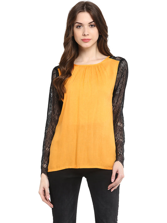 Women's  Mustard Yellow Rayon Black Lace Sleeve Top