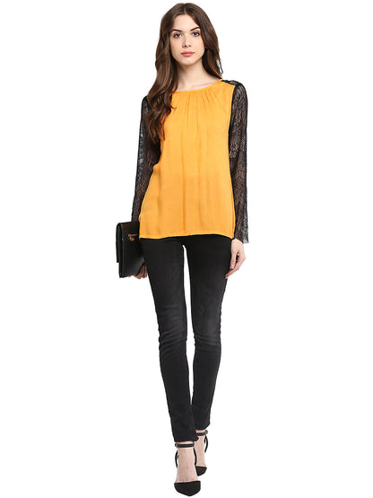 Women's  Mustard Yellow Rayon Black Lace Sleeve Top