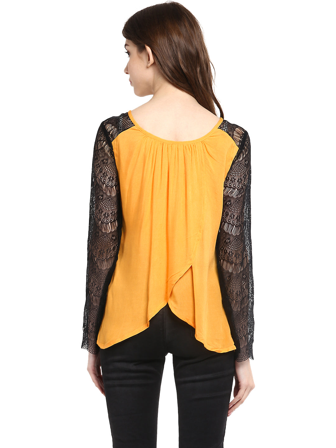 Women's  Mustard Yellow Rayon Black Lace Sleeve Top