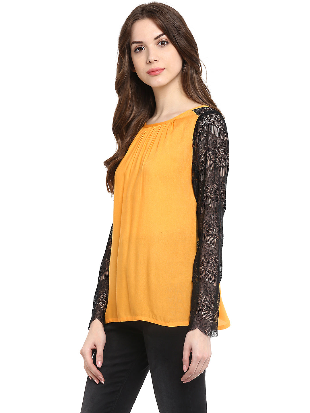 Women's  Mustard Yellow Rayon Black Lace Sleeve Top