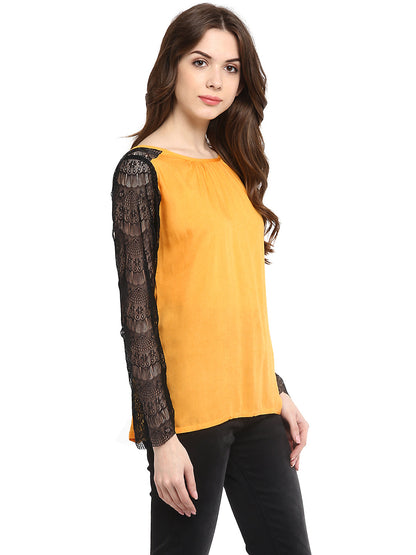 Women's  Mustard Yellow Rayon Black Lace Sleeve Top