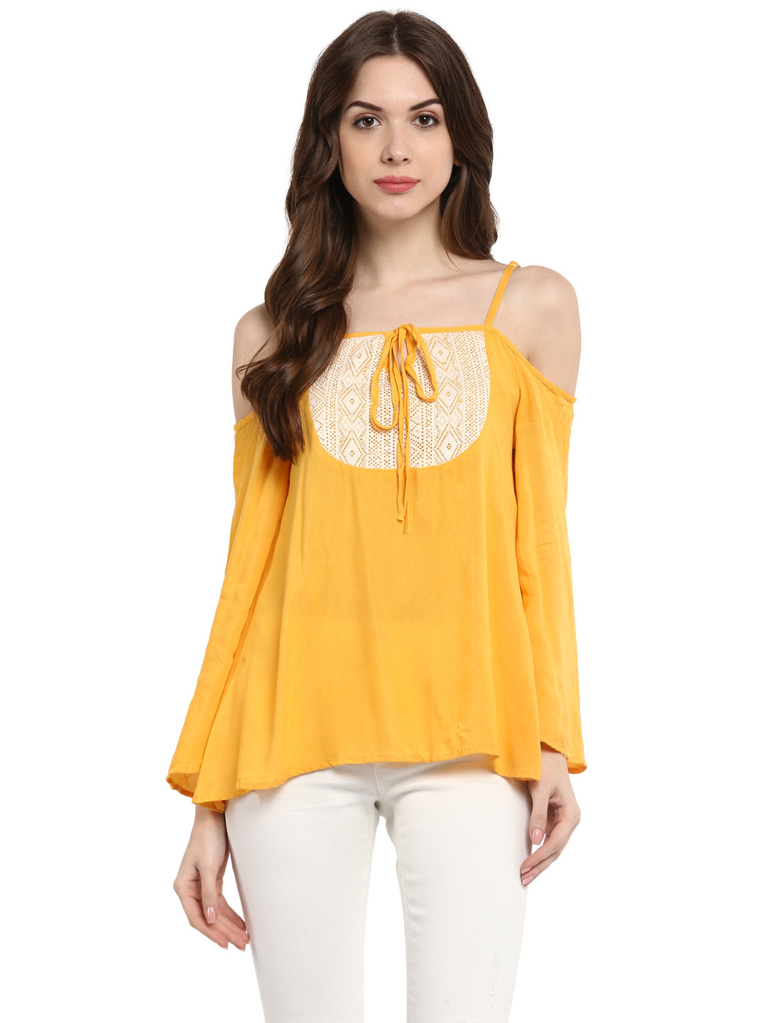 Women's  Mustard Yellow Rayon Cold Shoulder Top
