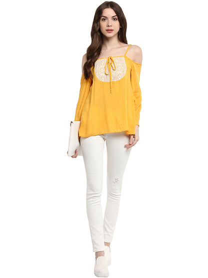 Women's  Mustard Yellow Rayon Cold Shoulder Top
