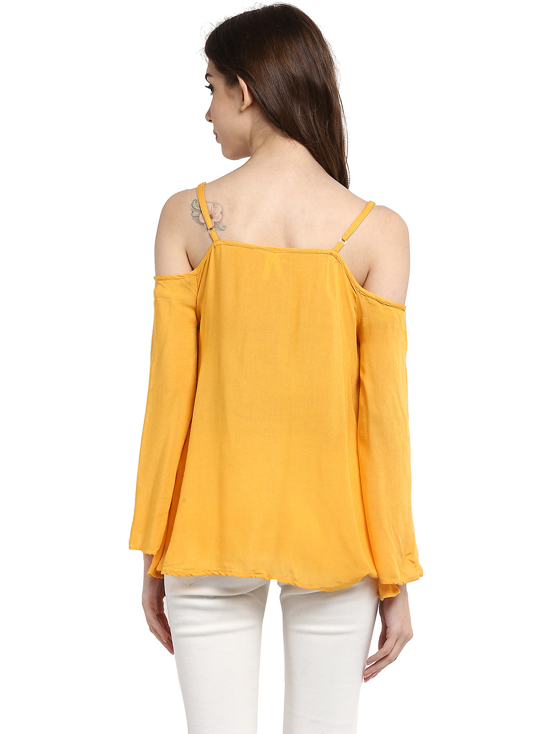 Women's  Mustard Yellow Rayon Cold Shoulder Top